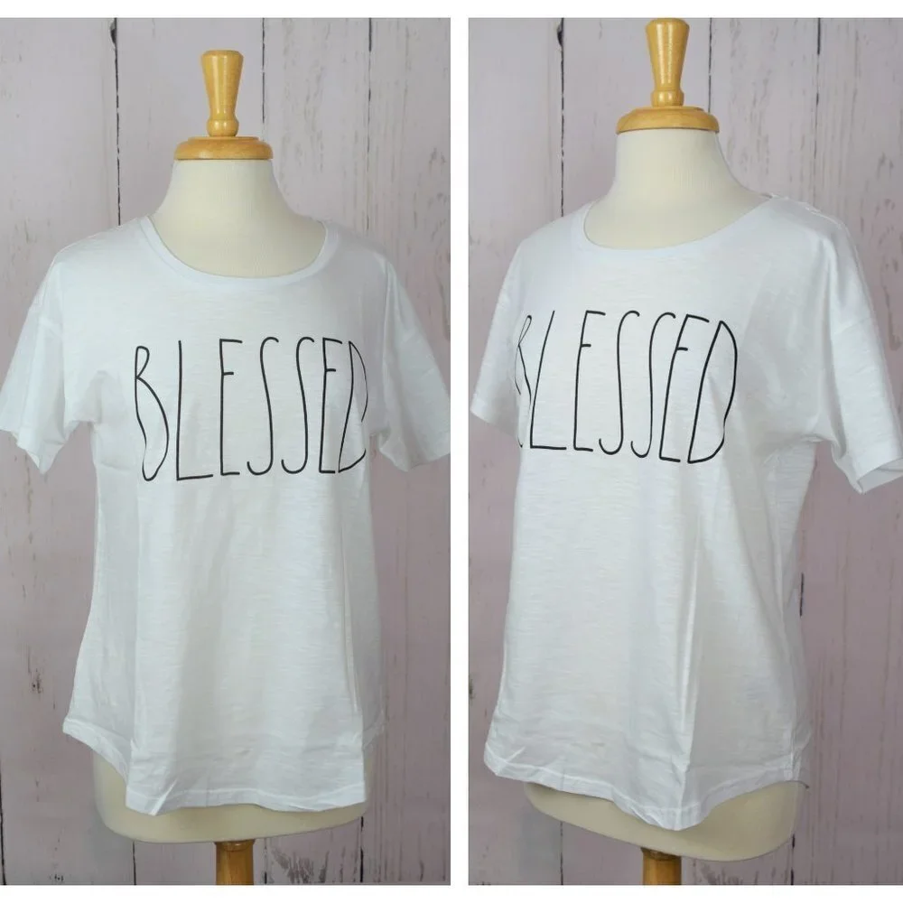 Rae Dunn "Blessed" White T-Shirt Graphic Tee Cotton Women's XS NWT - Picture 2 of 6
